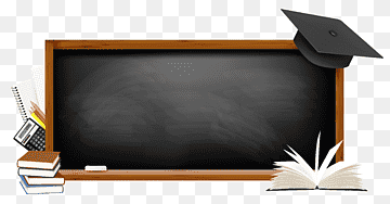 Black chalkboard with wooden frame, graduation cap, books, pencils, and open notebook on transparent background.