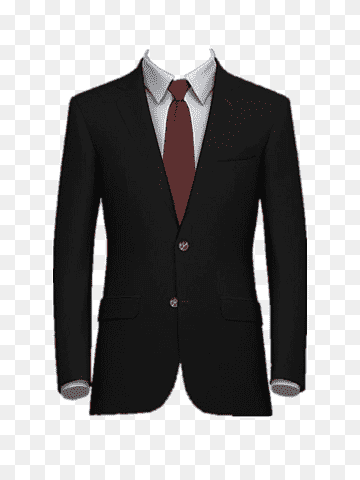 Black two-button suit with white shirt and maroon tie on transparent background