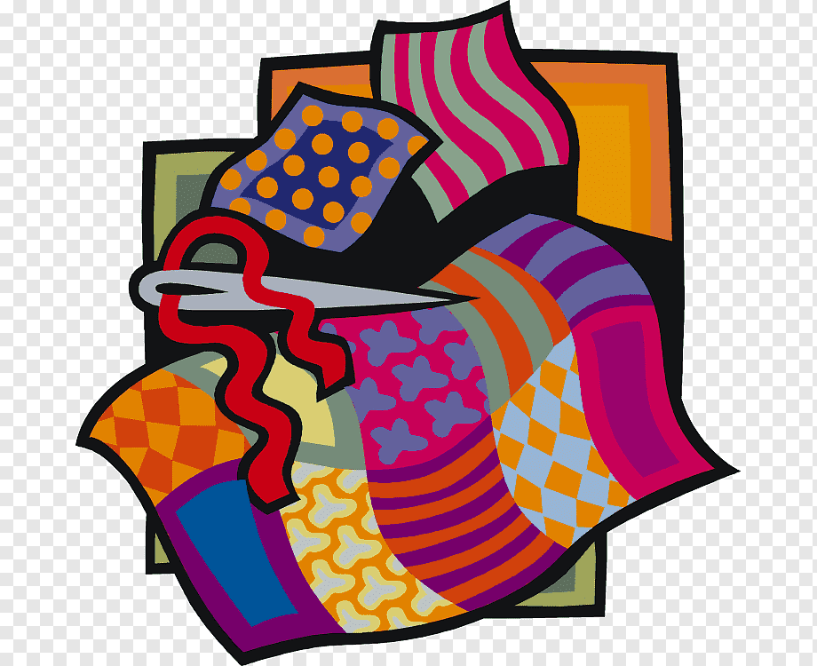 Colorful patchwork fabric being cut with red-handled scissors, symbolizing quilting or textile crafting.