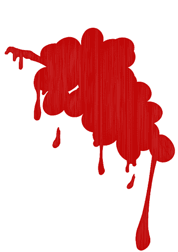 A stylized red blood splatter with dripping droplets on a white background, evoking horror or injury themes.