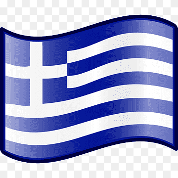 Waving Greek flag with blue and white stripes and a white cross on a blue canton.