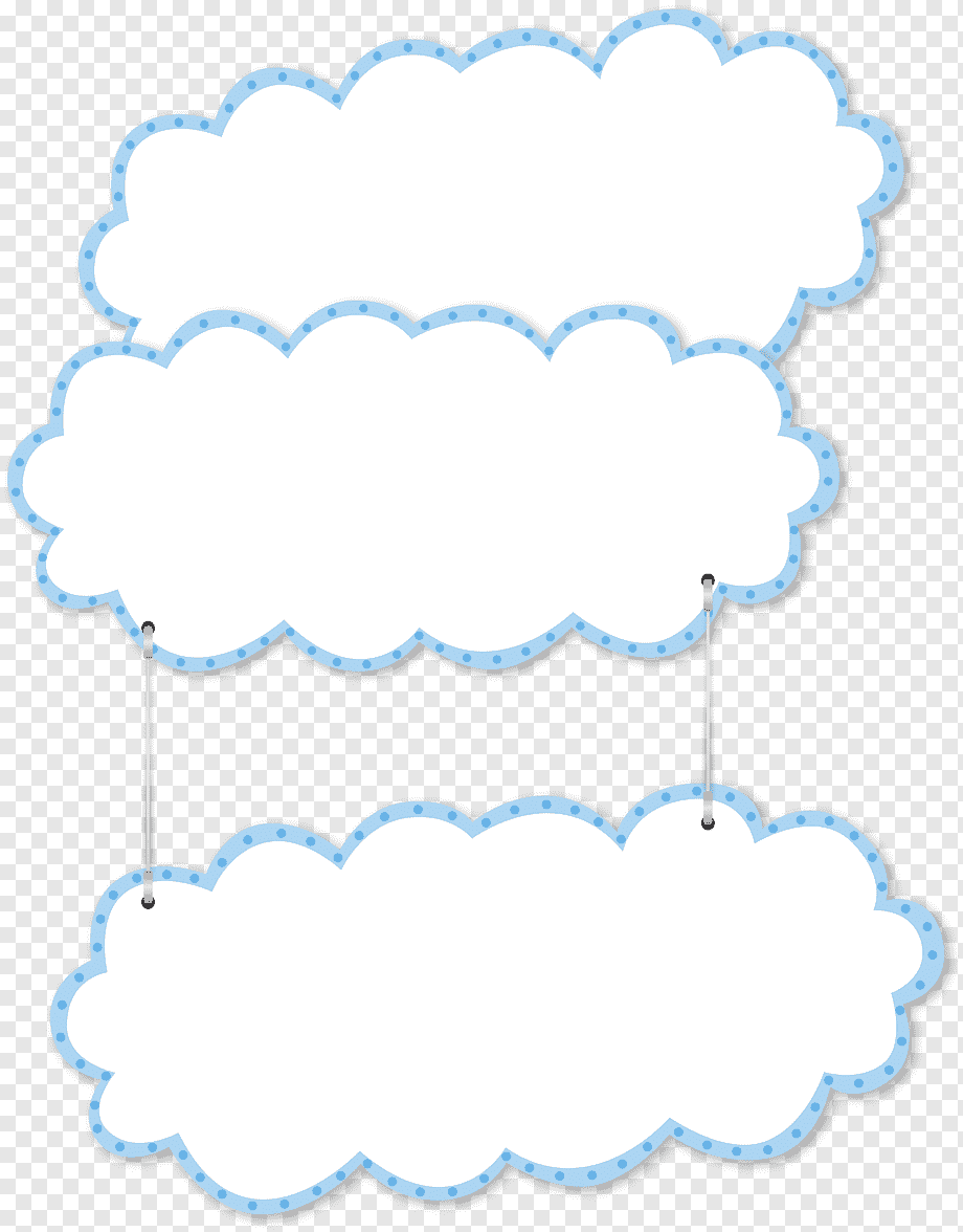 Three decorative cloud-shaped text boxes with light blue dotted borders, hanging by strings on transparent background.