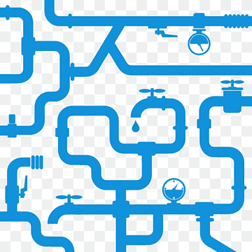 Blue illustrated plumbing network with valves, pressure gauges, and a dripping faucet on transparent background.