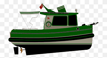 Green fishing boat with Turkish flag, cabin, net, and outboard motor on transparent background.