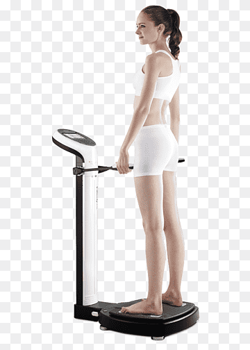 Woman in white athletic wear standing barefoot on a digital body composition scale, holding handrails for stability.