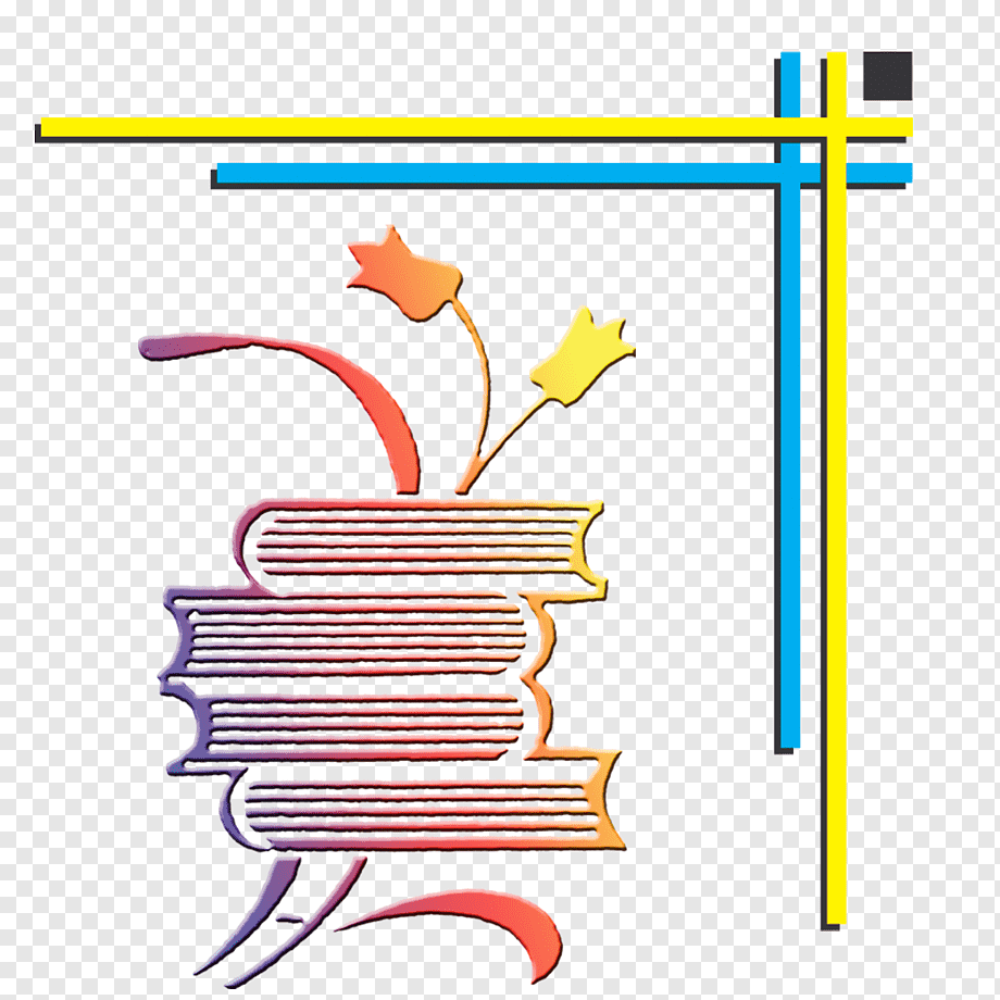 Stylized stack of colorful books with blooming flowers and abstract geometric lines in yellow, blue, and black.
