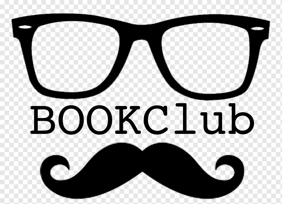 Black-rimmed glasses, "BOOKClub" text, and a curly mustache on transparent background.