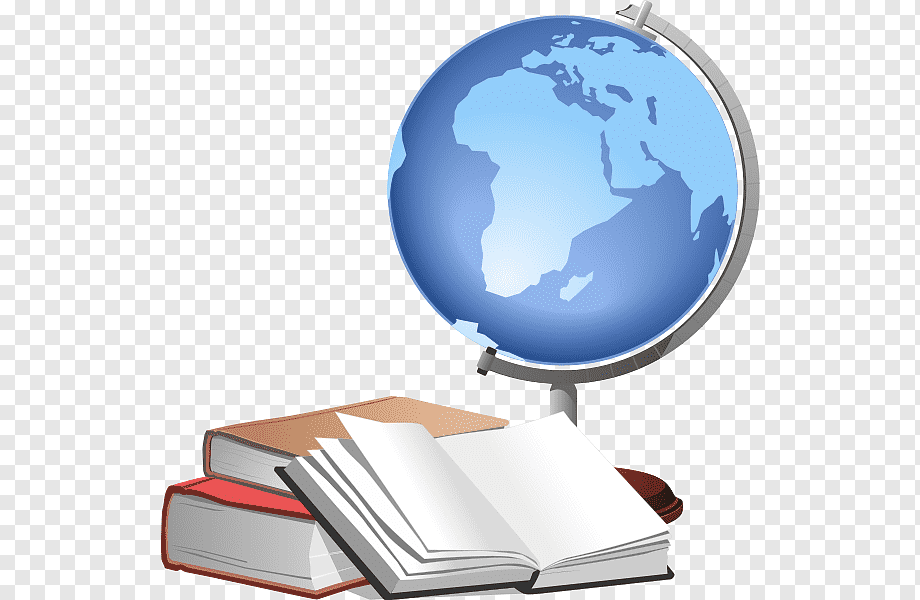 Blue globe on stand beside stacked books, one open, symbolizing global education and learning resources.