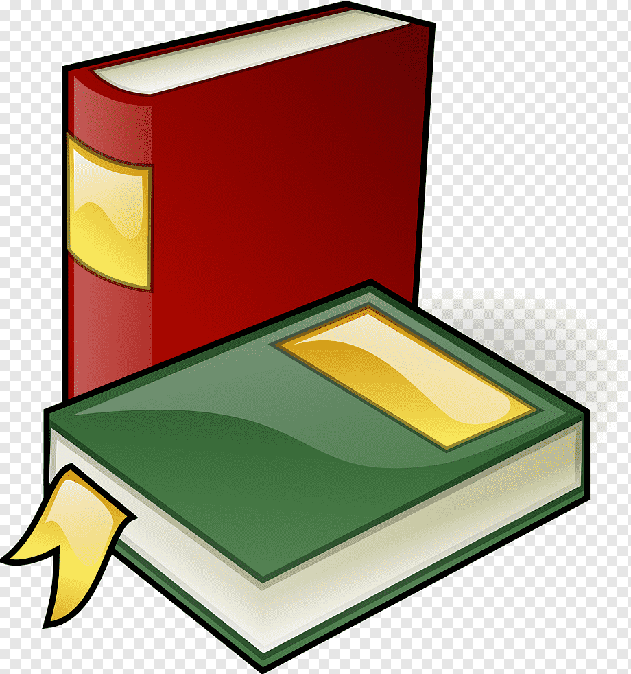 Two illustrated hardcover books-one red standing upright, one green lying flat with a yellow bookmark-on transparent background.
