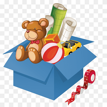 Blue gift box filled with toys including a teddy bear, beach ball, toy car, and craft supplies, with red ribbon trailing.