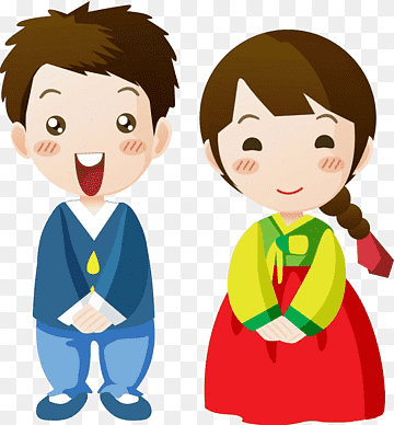 Smiling cartoon boy in blue hanbok and girl in red-green hanbok, representing Korean traditional culture and childhood joy.