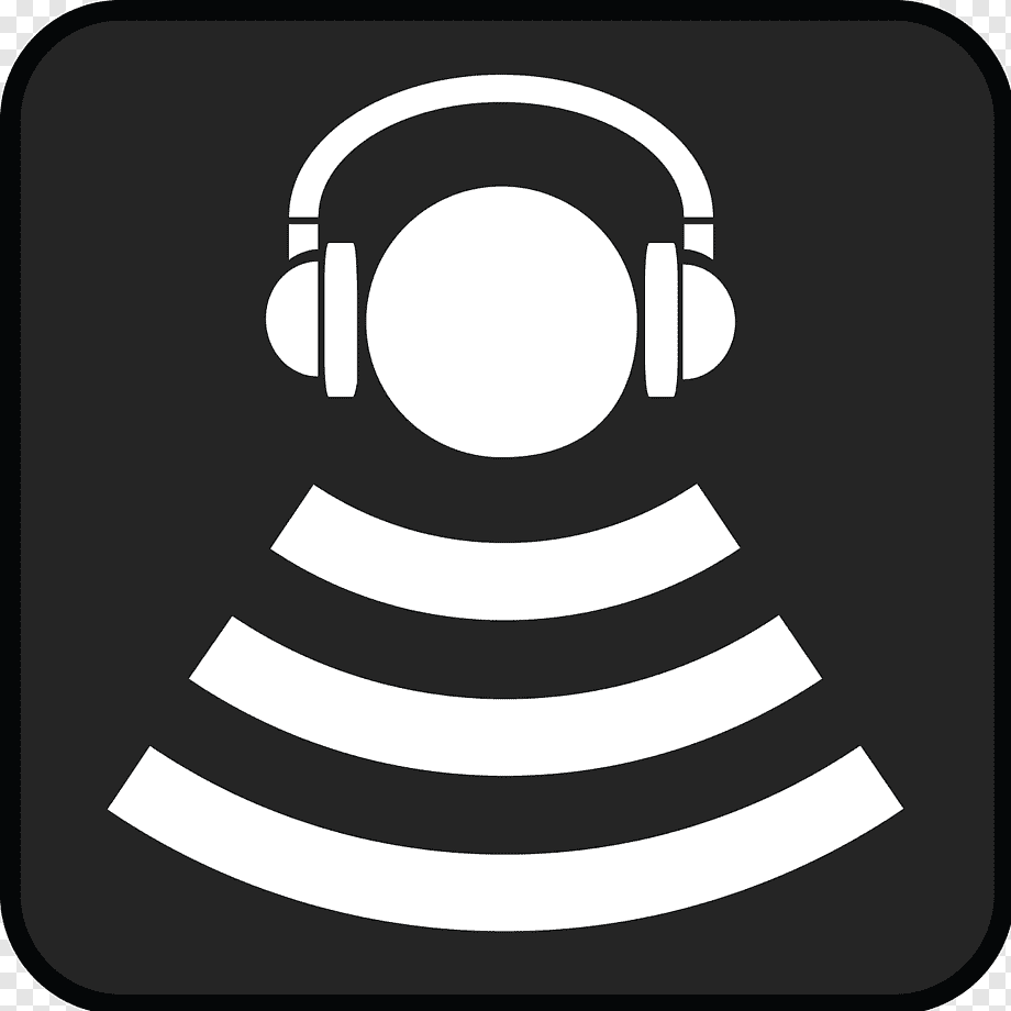 White icon of headphones over a person with sound waves, on black background.