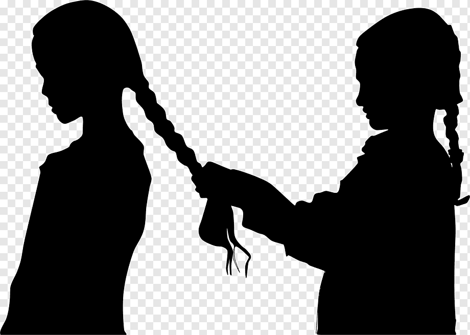 Silhouette of one girl braiding another girl's hair, side profile, black on transparent background.