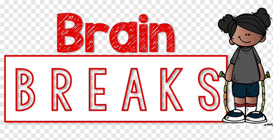 Cartoon girl with jump rope beside bold red "Brain Breaks" text on transparent background.