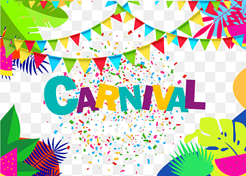 Vibrant carnival banner with colorful bunting, confetti, tropical leaves, and bold "CARNIVAL" text on transparent background.