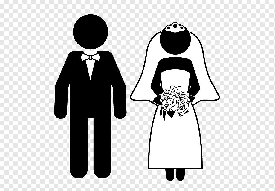 Black-and-white stick-figure bride and groom icon, bride holding bouquet and wearing veil, groom in tuxedo with bowtie.
