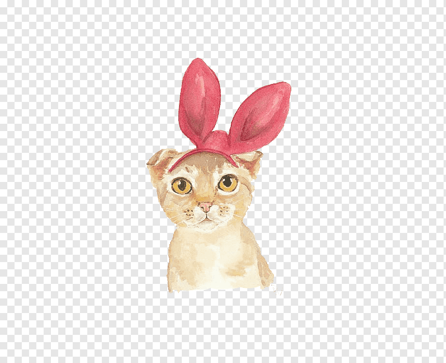 Watercolor illustration of a light brown cat wearing pink bunny ears, wide-eyed and curious.