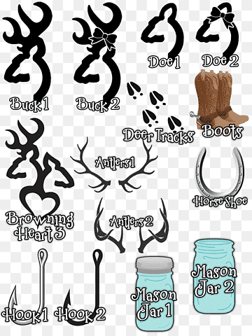 Collection of black-and-white hunting and rustic-themed clipart including deer antlers, boots, mason jars, hooks, horseshoes, and tracks.