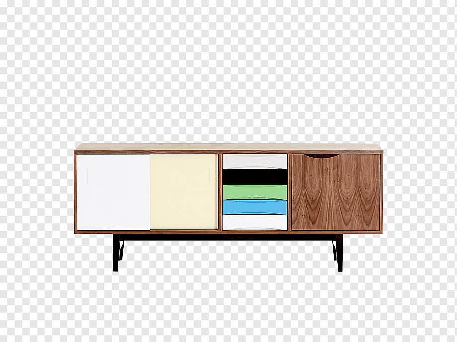 Mid-century modern sideboard with wood frame, white and cream doors, colorful drawers, and black legs.