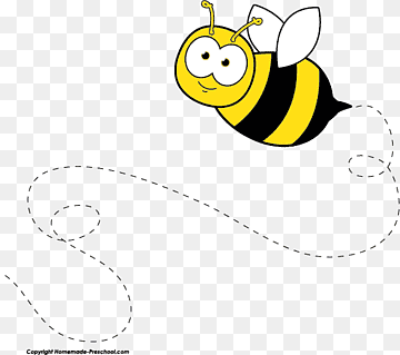 Cheerful cartoon bee with yellow-and-black stripes flying along a dashed flight path.
