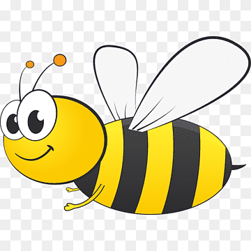Cheerful cartoon bee with yellow and black stripes, big eyes, and translucent wings flying on transparent background.