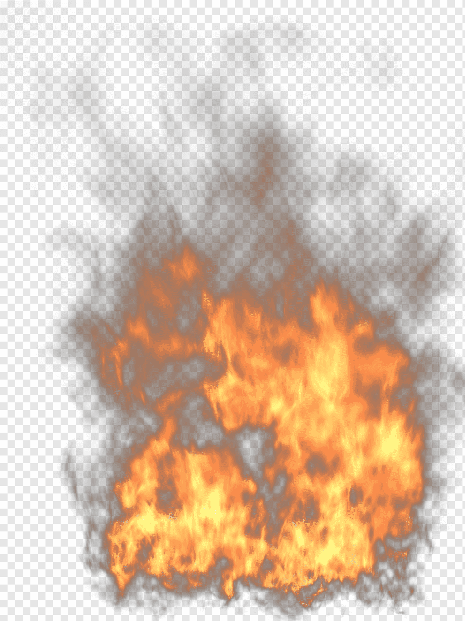Realistic fire explosion with orange flames and rising smoke on transparent background.