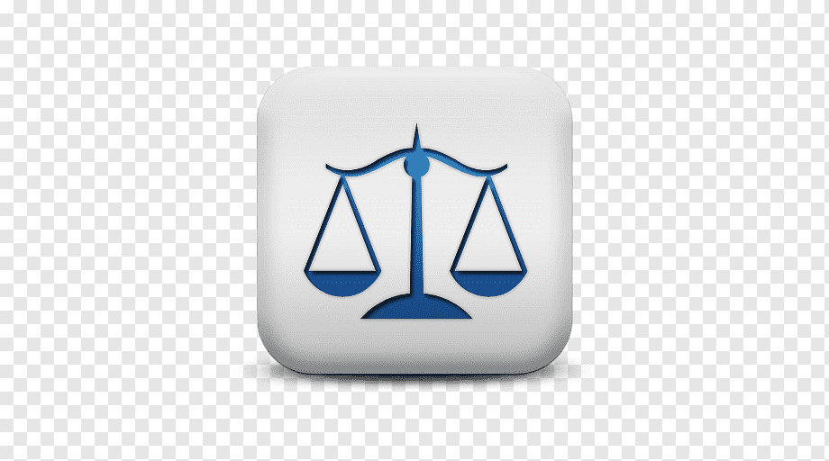 Blue justice scales icon on a white rounded square button with subtle shadow and transparency background.
