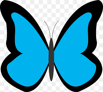 Vibrant blue butterfly with bold black outlines, symmetrical wings, and slender antennae on transparent background.