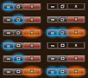 Grid of UI button states showing active/inactive modes with blue and orange glow effects for interactive design feedback.