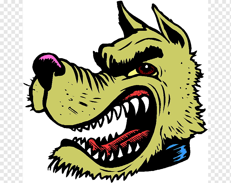 Aggressive cartoon wolf head with green fur, red eyes, bared fangs, and pink nose in bold comic style.