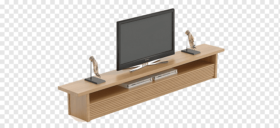 Modern light wood TV stand with open shelf, holding flat-screen TV and two decorative bird sculptures.