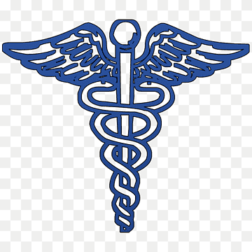 Blue caduceus symbol with two snakes entwined around a winged staff, representing medicine and healthcare.