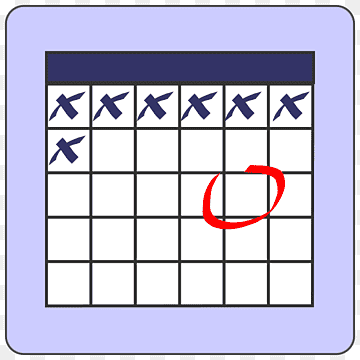 Calendar grid with blue checkmarks on first row and second row first cell, plus a red circle highlighting a blank cell.