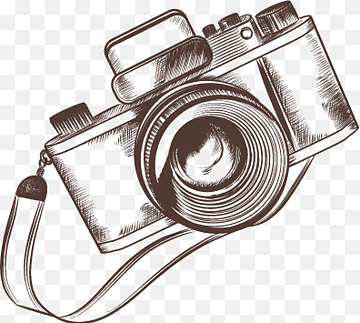 Hand-drawn sketch of a vintage-style DSLR camera with lens, strap, and dials on transparent background.