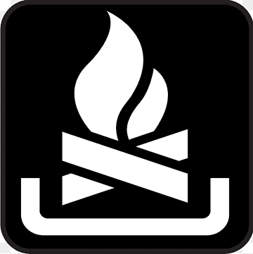 White stylized campfire icon with flames over crossed logs inside a black rounded square.