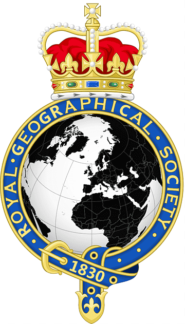 Royal Geographical Society emblem featuring a globe, crown, and founding year 1830.