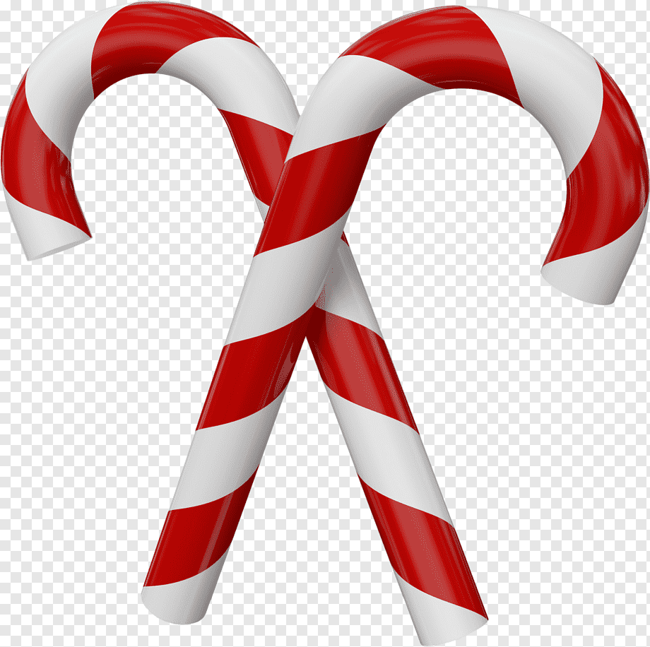 Two glossy red-and-white striped candy canes crossed in an X shape on transparent background.
