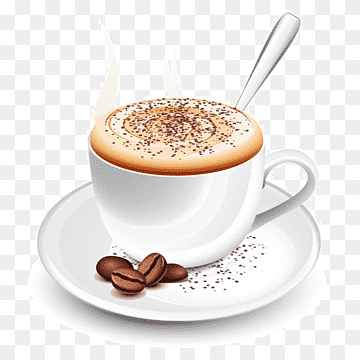 Steaming cappuccino in a white cup with froth, cocoa sprinkles, coffee beans, and a spoon on a saucer.