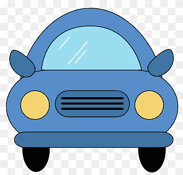 Blue cartoon car front view with yellow headlights and black wheels on transparent background.