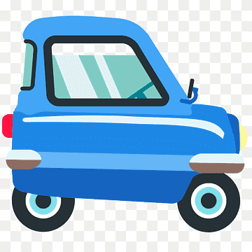 Blue cartoon-style compact car with white stripe, black wheels, and transparent windows on transparent background.