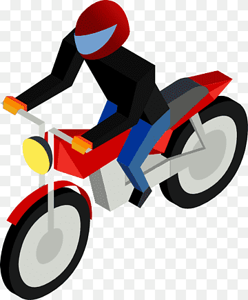 Isometric illustration of a motorcyclist in red helmet and black jacket riding a red dirt bike.