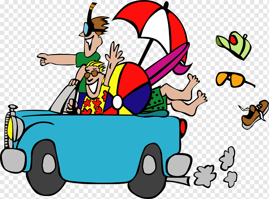 Two joyful people in a vintage blue convertible packed with beach gear, flying items like sunglasses and a cap as they speed away.
