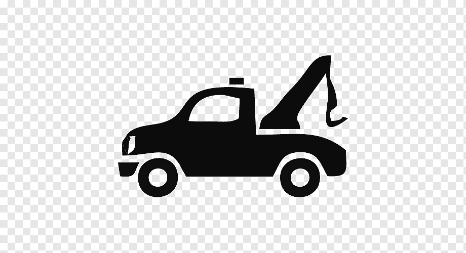 Black silhouette of a tow truck with raised boom arm on transparent background.