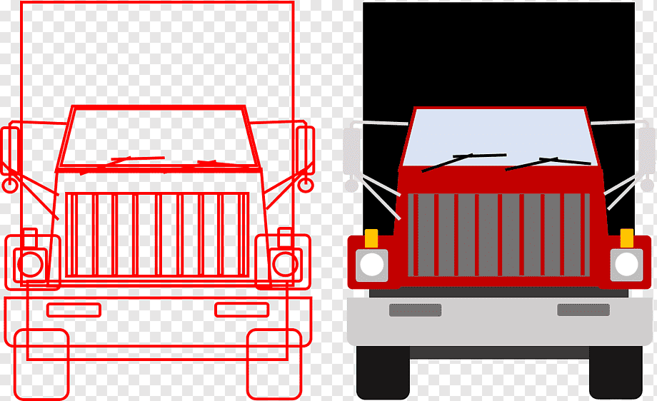 Red front-view truck illustration in line-art and solid-color versions side by side.