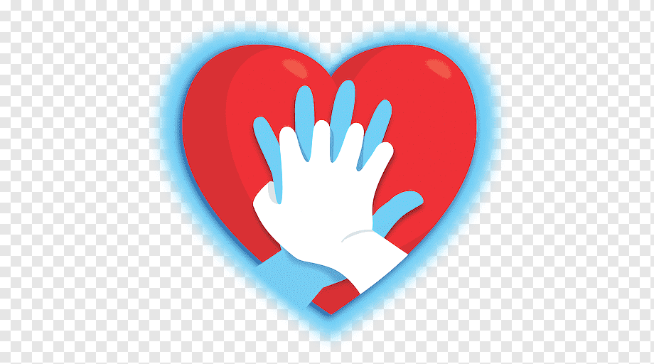 A white hand with blue gloves gently touching a glowing red heart, symbolizing care, donation, or medical support.