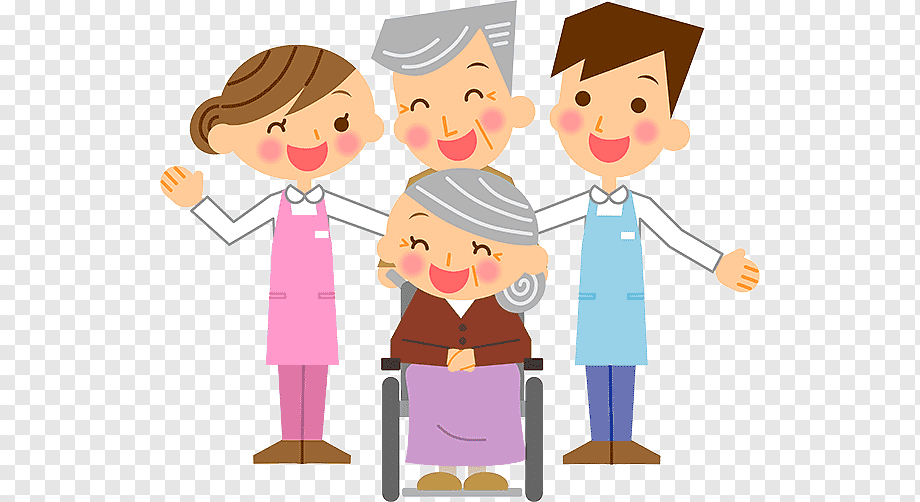 Smiling caregivers in aprons assist a joyful elderly woman in a wheelchair, with another senior standing behind-illustration of compassionate elder care.