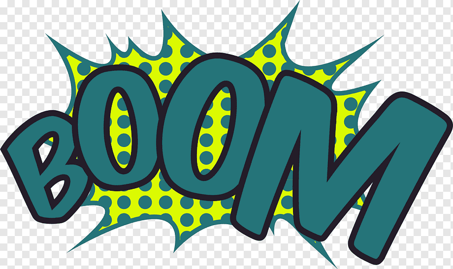 Comic-style "BOOM" explosion graphic with teal text on yellow polka-dotted burst background.