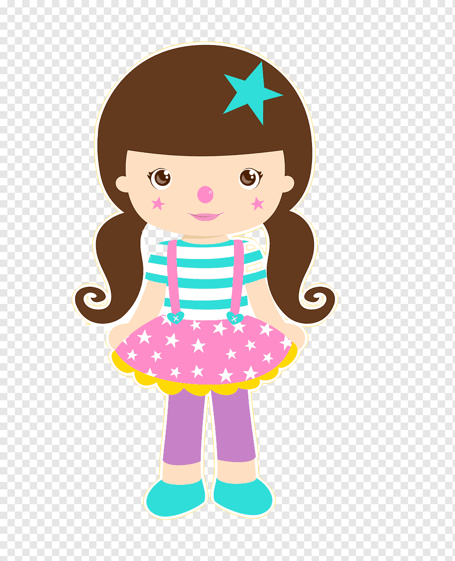 Cute cartoon girl with brown pigtails, star hairclip, striped top, pink star skirt, and purple leggings.