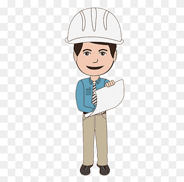 Smiling engineer in hard hat holding blueprints, cartoon-style illustration on transparent background.