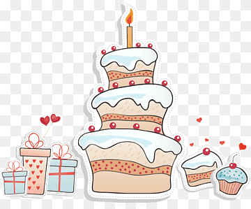 Three-tier birthday cake with lit candle, cupcakes, and gift boxes surrounded by hearts on transparent background.